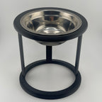 Black elevated cat bowl with stainless steel insert, front view, raised cat feeder UK


