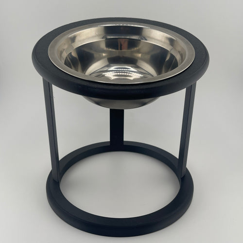Black elevated cat bowl with stainless steel insert, front view, raised cat feeder UK


