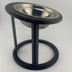 Close-up of black elevated cat bowl showing stainless steel bowl detail, UK