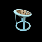 Blue elevated cat bowl with stainless steel insert, front view, raised cat feeder UK
