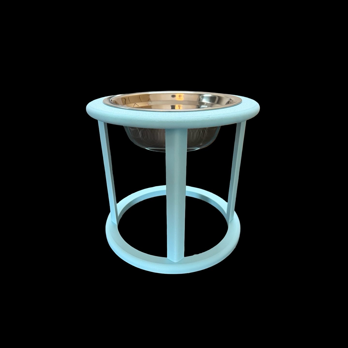 Blue raised cat feeder with circular base, side angle view, elevated cat bowl UK
