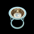 Blue elevated cat bowl showing tilted angle, stainless steel bowl detail, raised feeder UK
