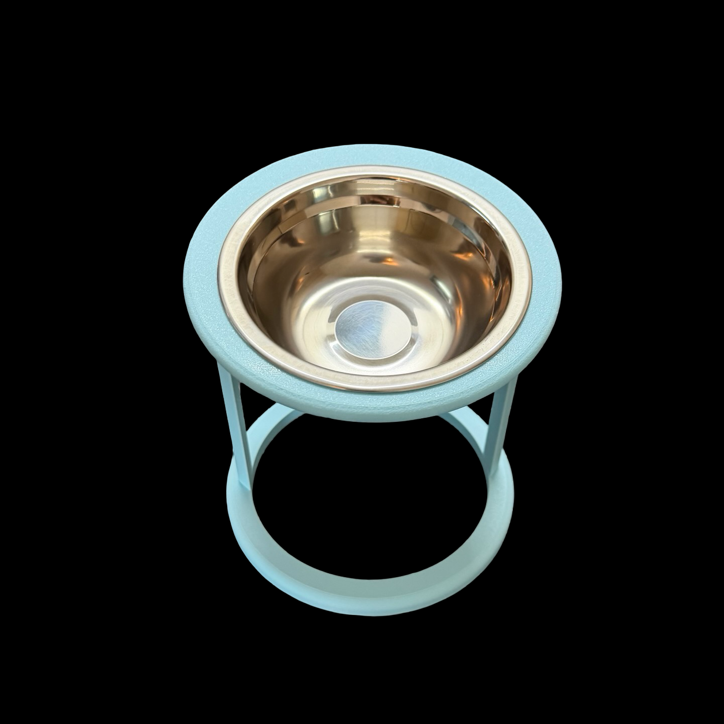 Blue elevated cat bowl showing tilted angle, stainless steel bowl detail, raised feeder UK
