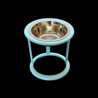 Blue elevated cat bowl with open frame stand, top-down view, raised tilted feeder UK

