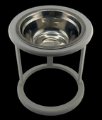 Grey elevated cat bowl with stainless steel insert, top-down view, raised cat feeder UK
