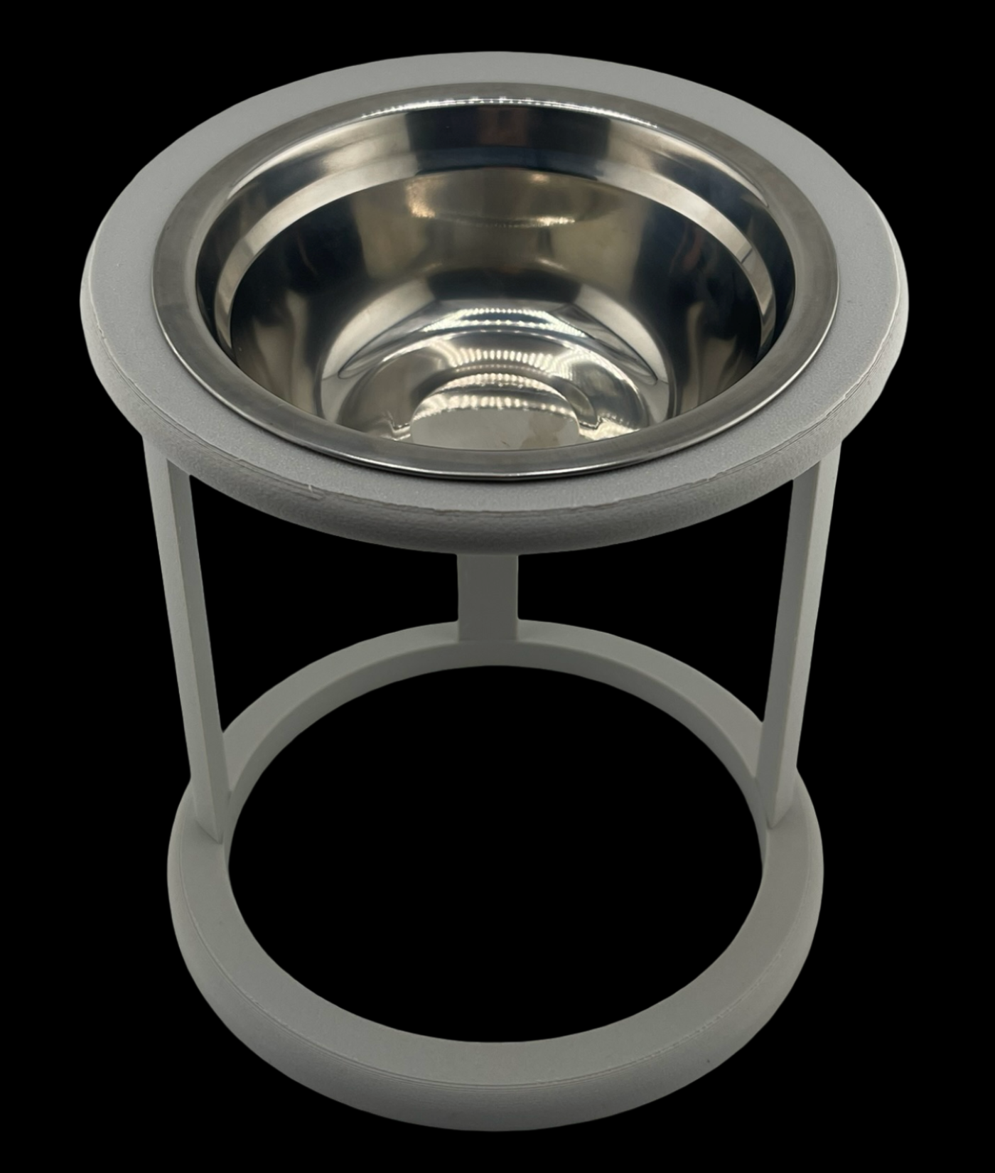 Grey elevated cat bowl with stainless steel insert, top-down view, raised cat feeder UK
