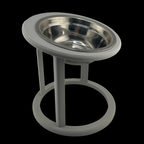 Grey raised cat feeder with circular base, side angle view, elevated cat bowl UK
