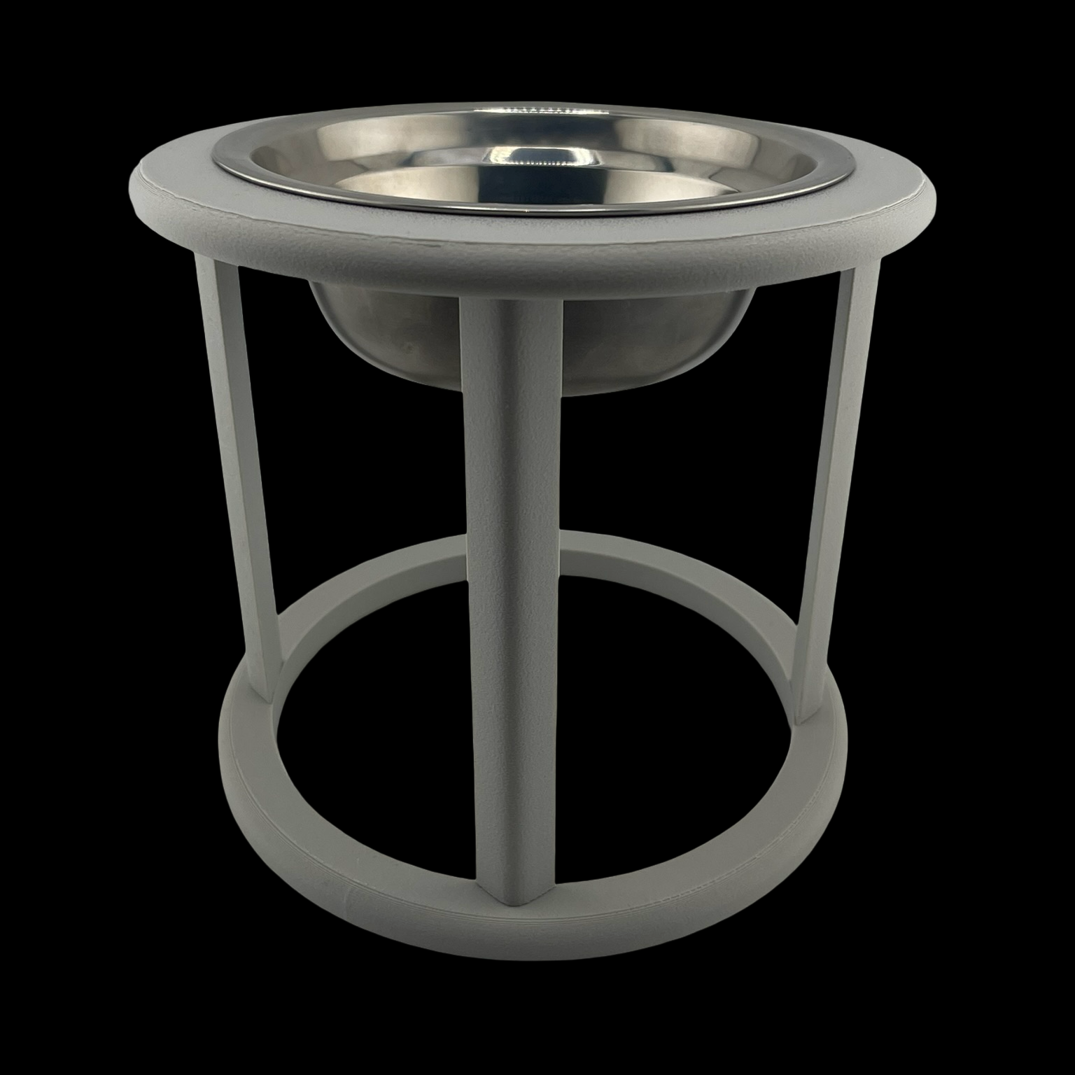 Grey elevated cat bowl with open frame stand, front view, raised cat feeder UK
