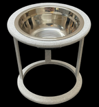 Marble elevated cat bowl with stainless steel insert, front view, raised cat feeder UK

