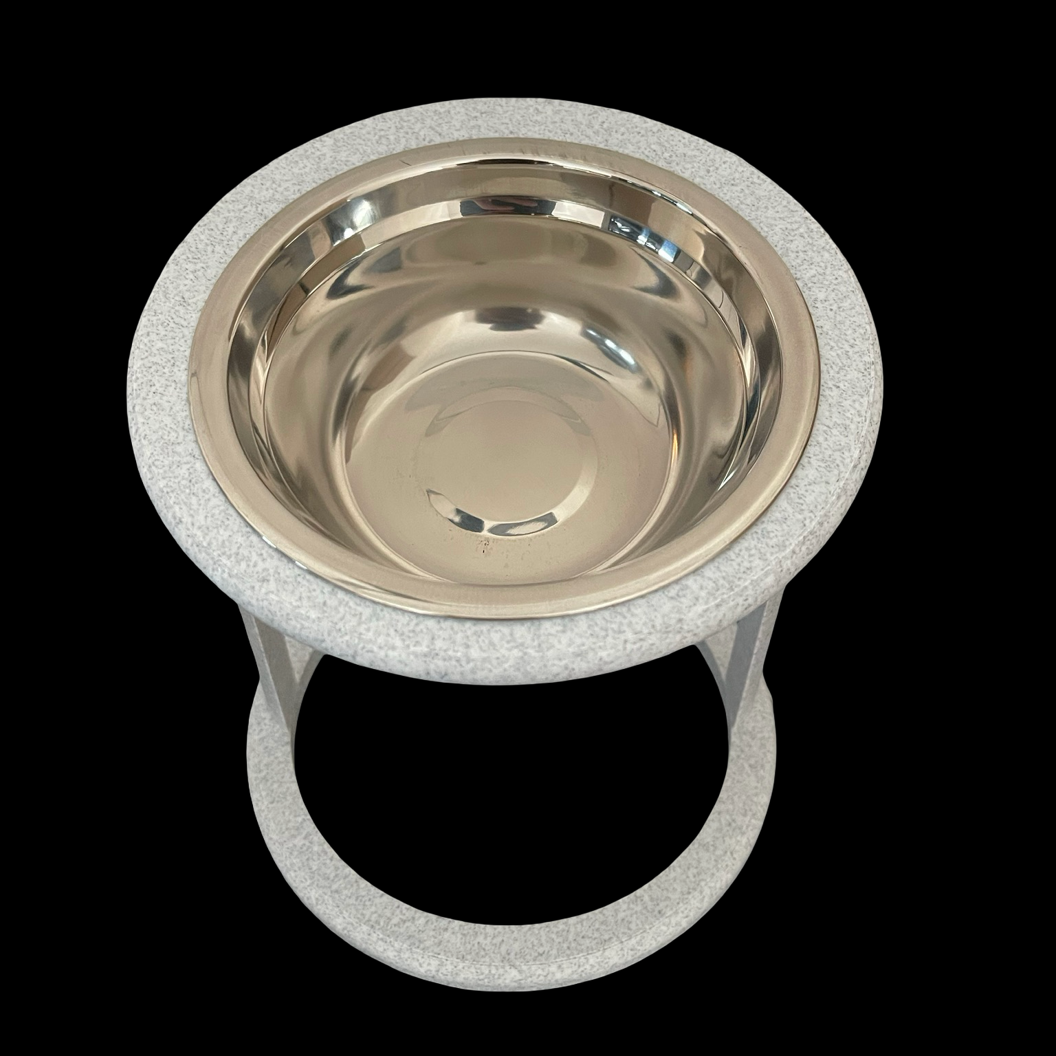 Marble elevated cat bowl with open frame stand, top-down view, raised tilted feeder UK
