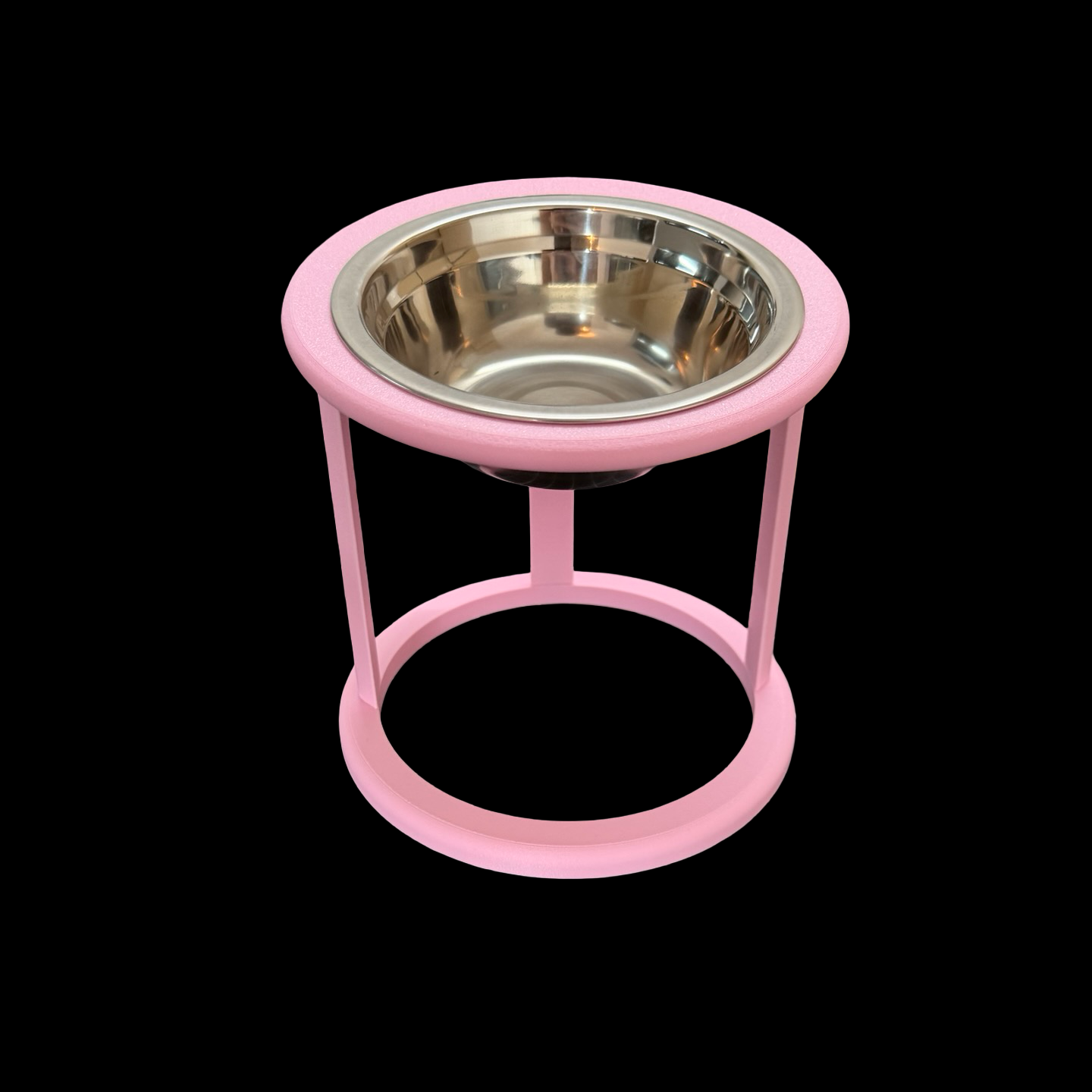 Pink elevated cat bowl with stainless steel insert, top-down view, raised cat feeder UK
