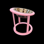 Pink elevated cat bowl showing tilted angle, stainless steel bowl detail, raised feeder UK

