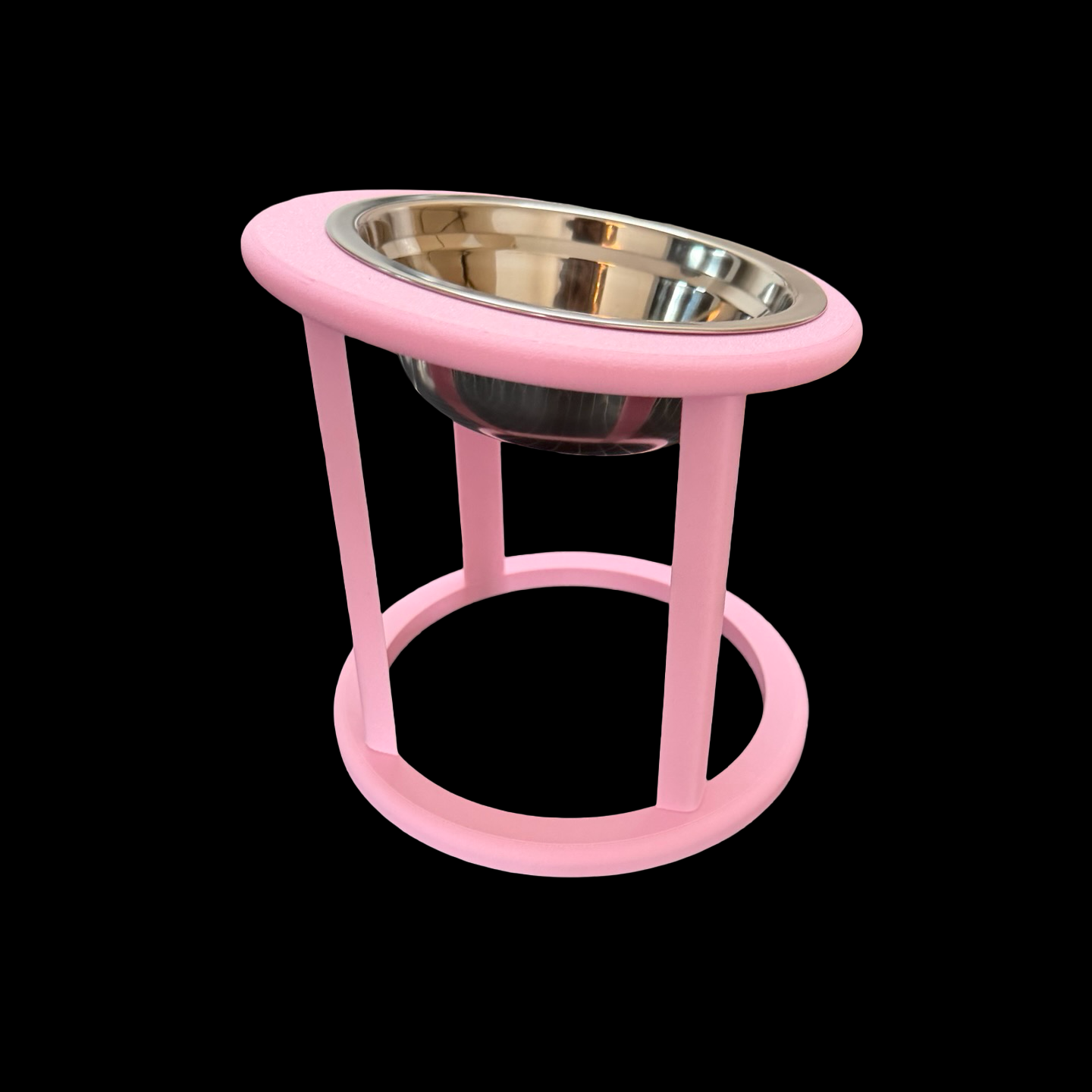 Pink elevated cat bowl showing tilted angle, stainless steel bowl detail, raised feeder UK
